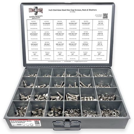 Boltsandnuts.Com Inch Stainless Steel Hex Cap Screws, Nuts & Washers - 1147 PCS Assortment Kit #392